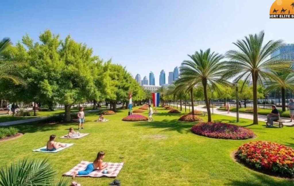 Family picnic on the grass at Zabeel Park, Dubai — shaded lawns and trees