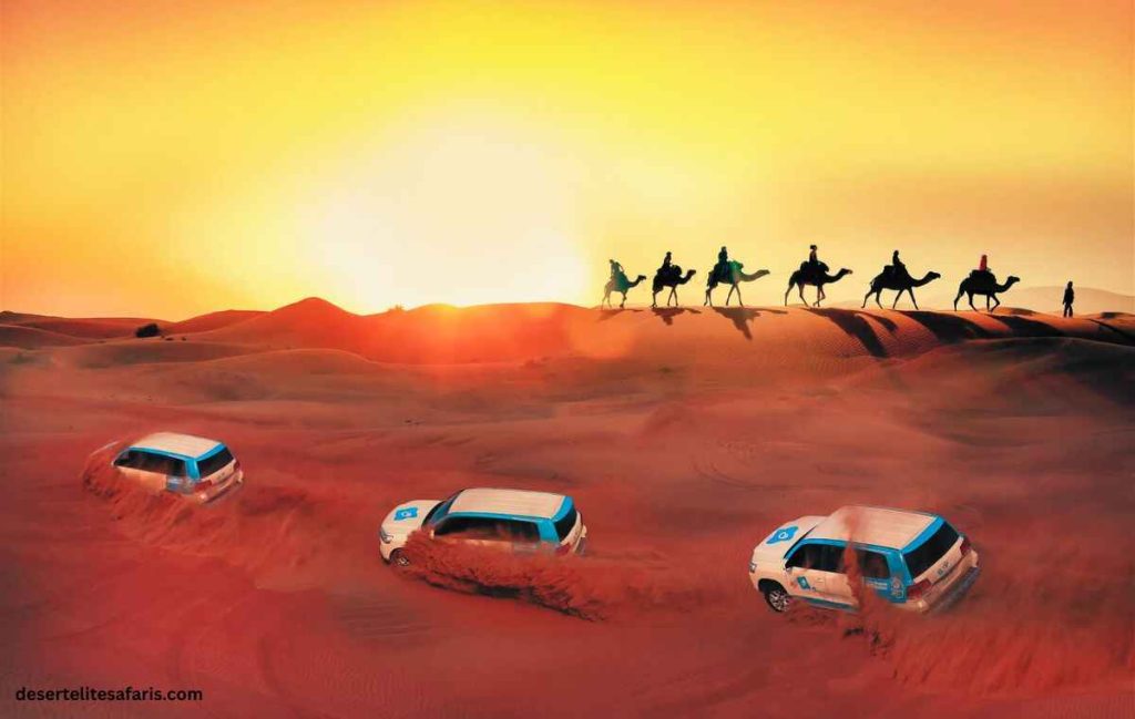 Tourists enjoying a sunset desert safari in Dubai with 4x4 dune bashing by Desert Elite Safaris
