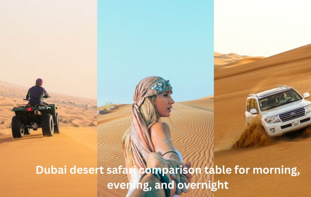 Dubai desert safari comparison table for morning, evening, and overnight